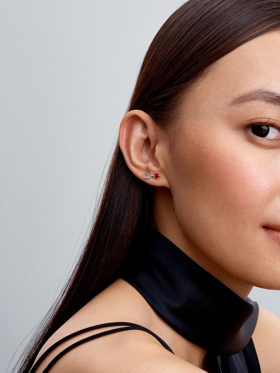 Brincos Espigão Coração Flecha e Vidro Murano Prata